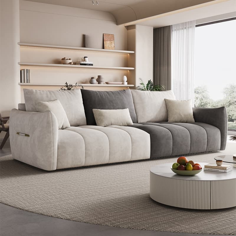 Modish Solid Color Scratch-durable Standard Sofa in Midnight Black/Mocha/Off-White, Seats 3 with 3 Pillows