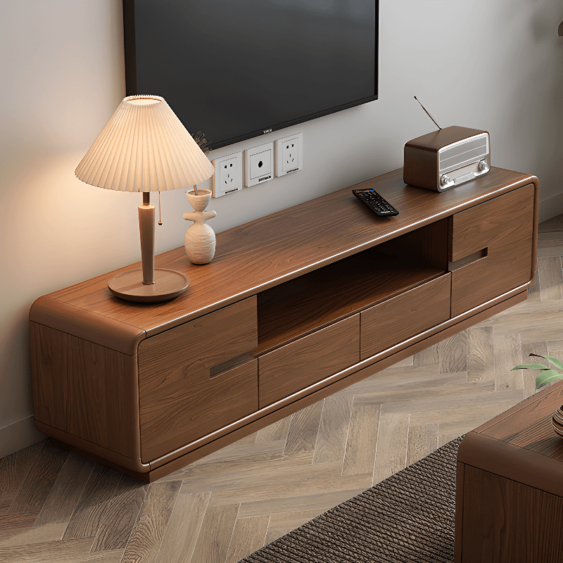 Old School Rectangular Open Shelving Natural Wood TV Stand with Natural Finish and Gate Doors - image 7