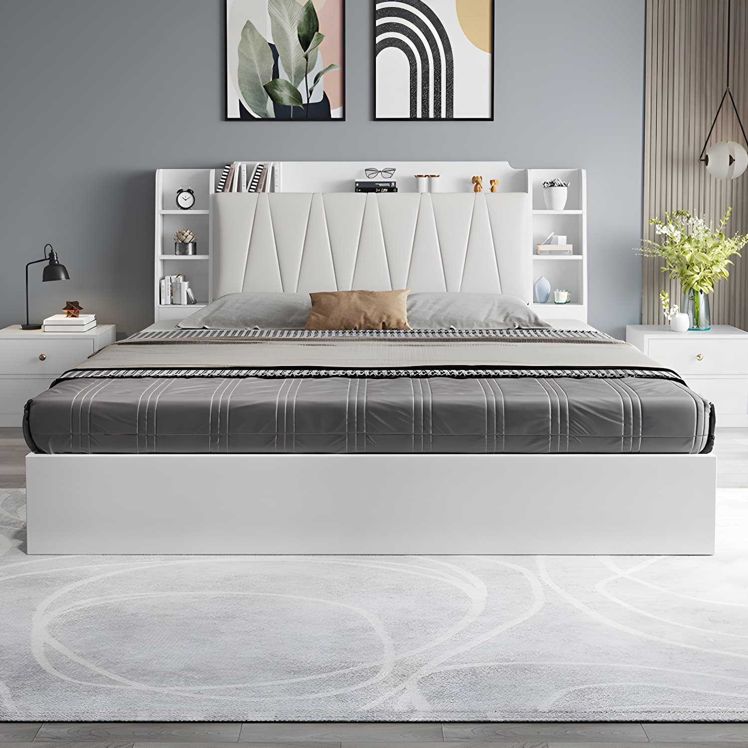 Modern Wood Panel Bed with Upholstered Headboard and Built-In Drawers - image 4