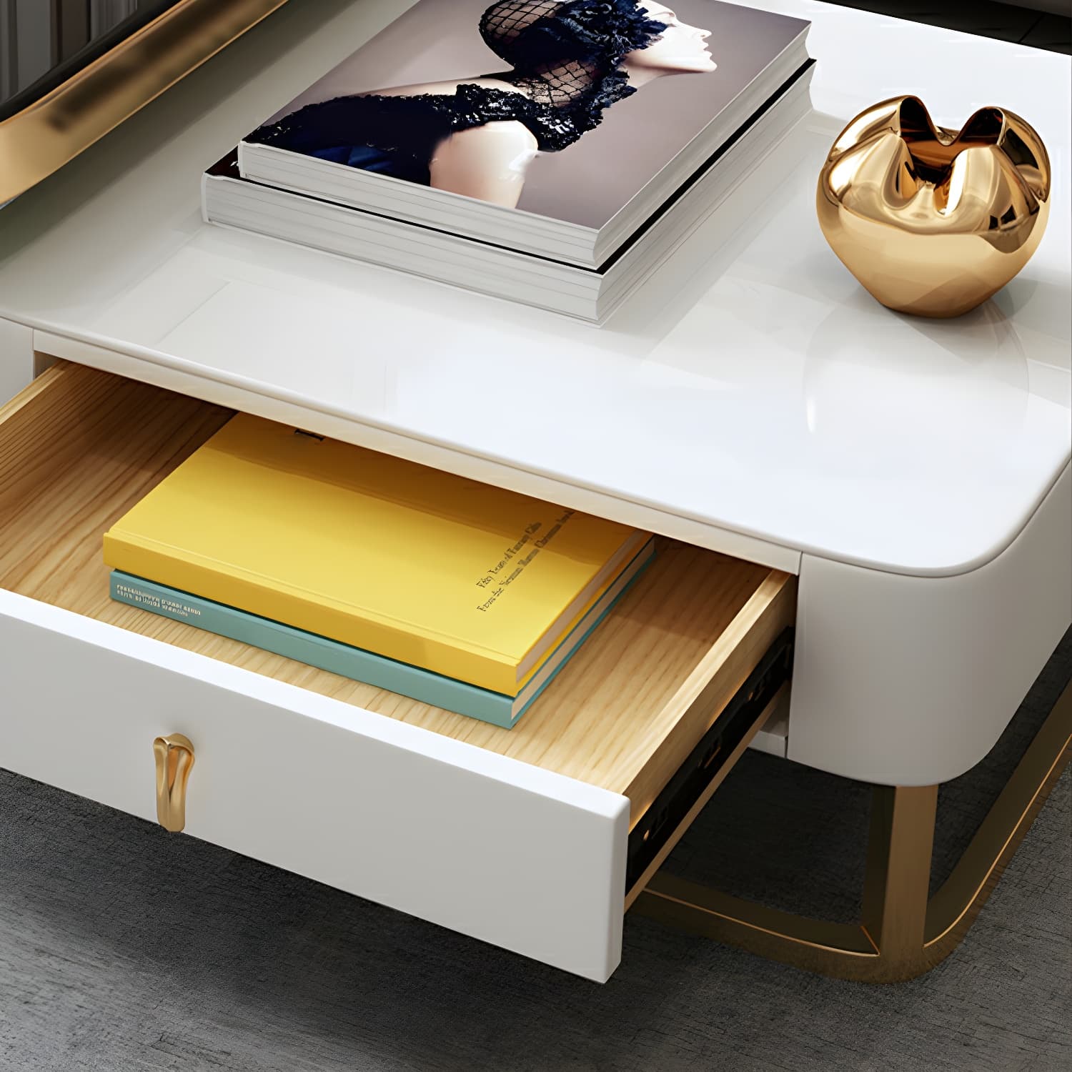 Glam Style Square Coffee Table with Drawer in Metal Frame Base - image 8