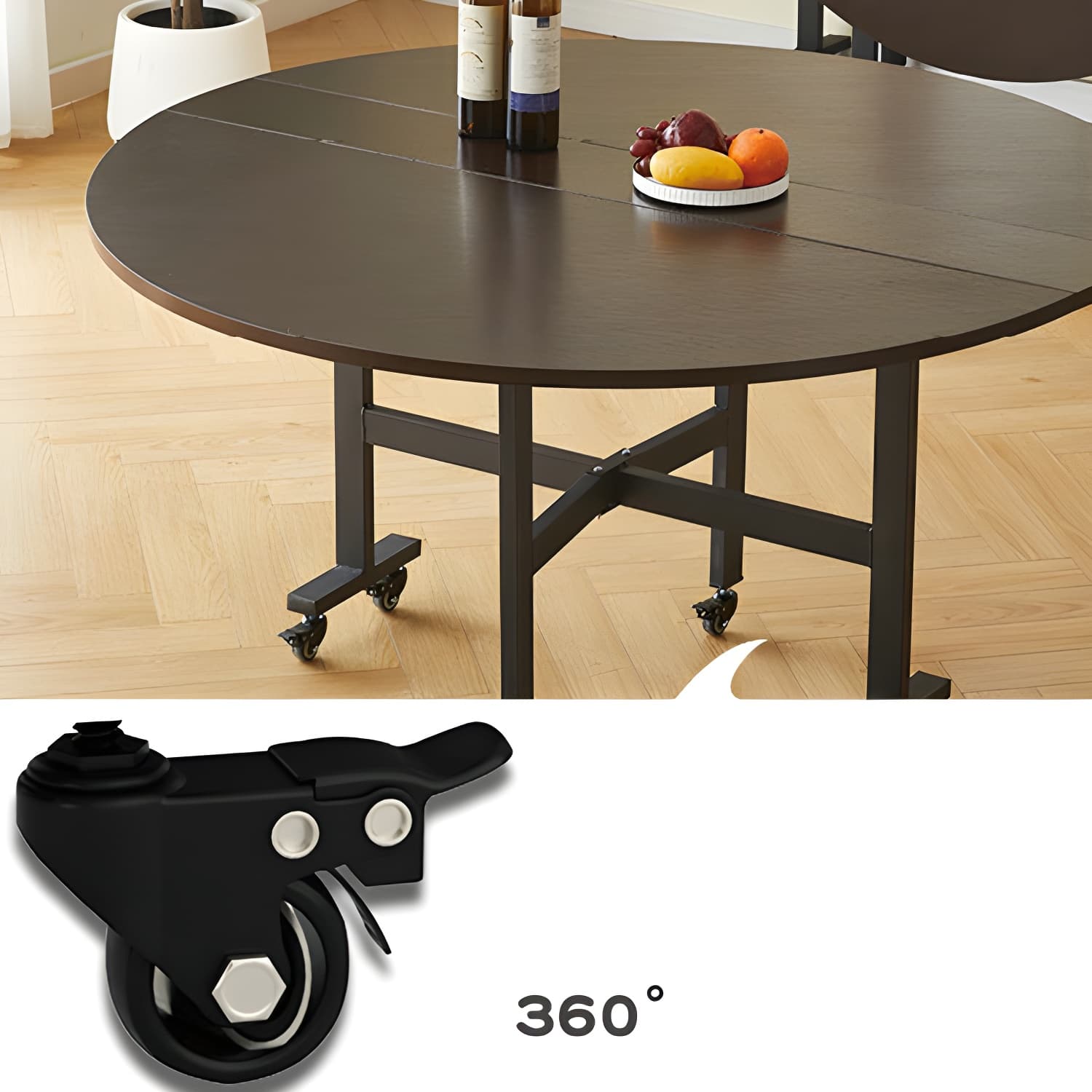 Modern Foldable Manufactured Wood Round Top Dining Table with Movable Steel Black Trestle - image 8