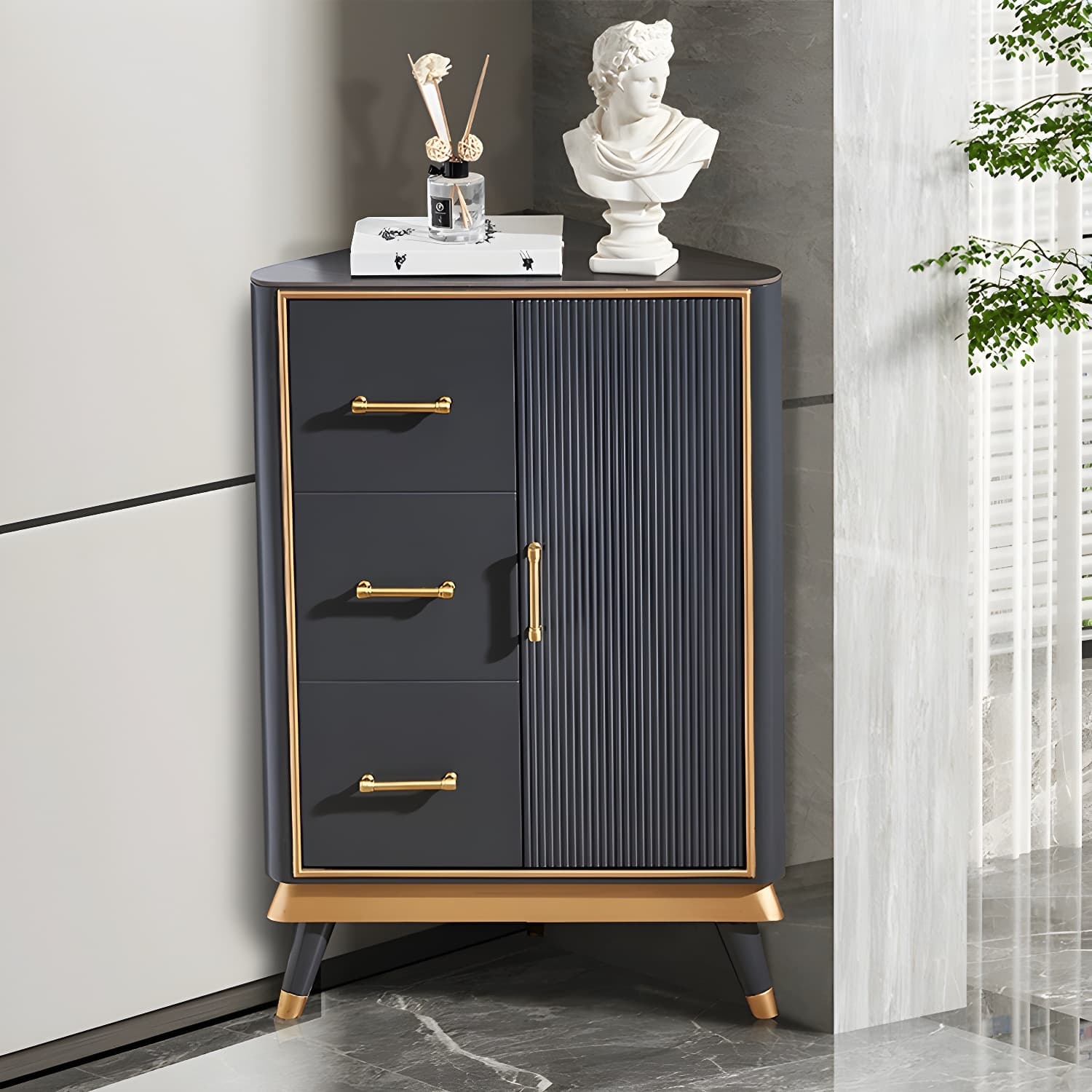 Glam Corner Accent Cabinet with Black Stone Countertop and Wood Base for Small Spaces