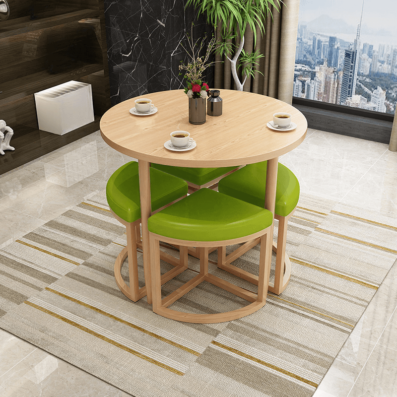 Reclaimed Wood Round Dining Table Set with Metal Toboggan Base and Upholstered Backless Chairs for 4 People - image 20