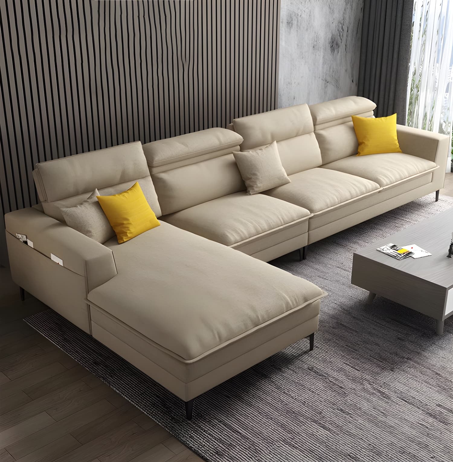 Modern Wood Frame Stationary Sectional Sofa with Black Legs and Storage in Cotton Blend Upholstery - image 4