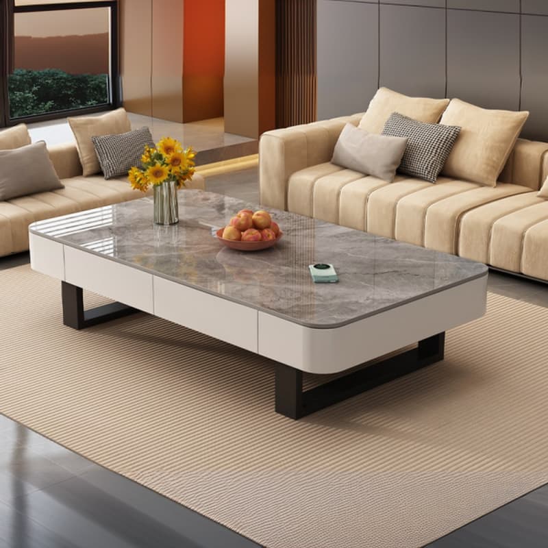 Funky Single Rock Side Table with Toboggan Base, Gray/White Square Top, and 1 Drawer