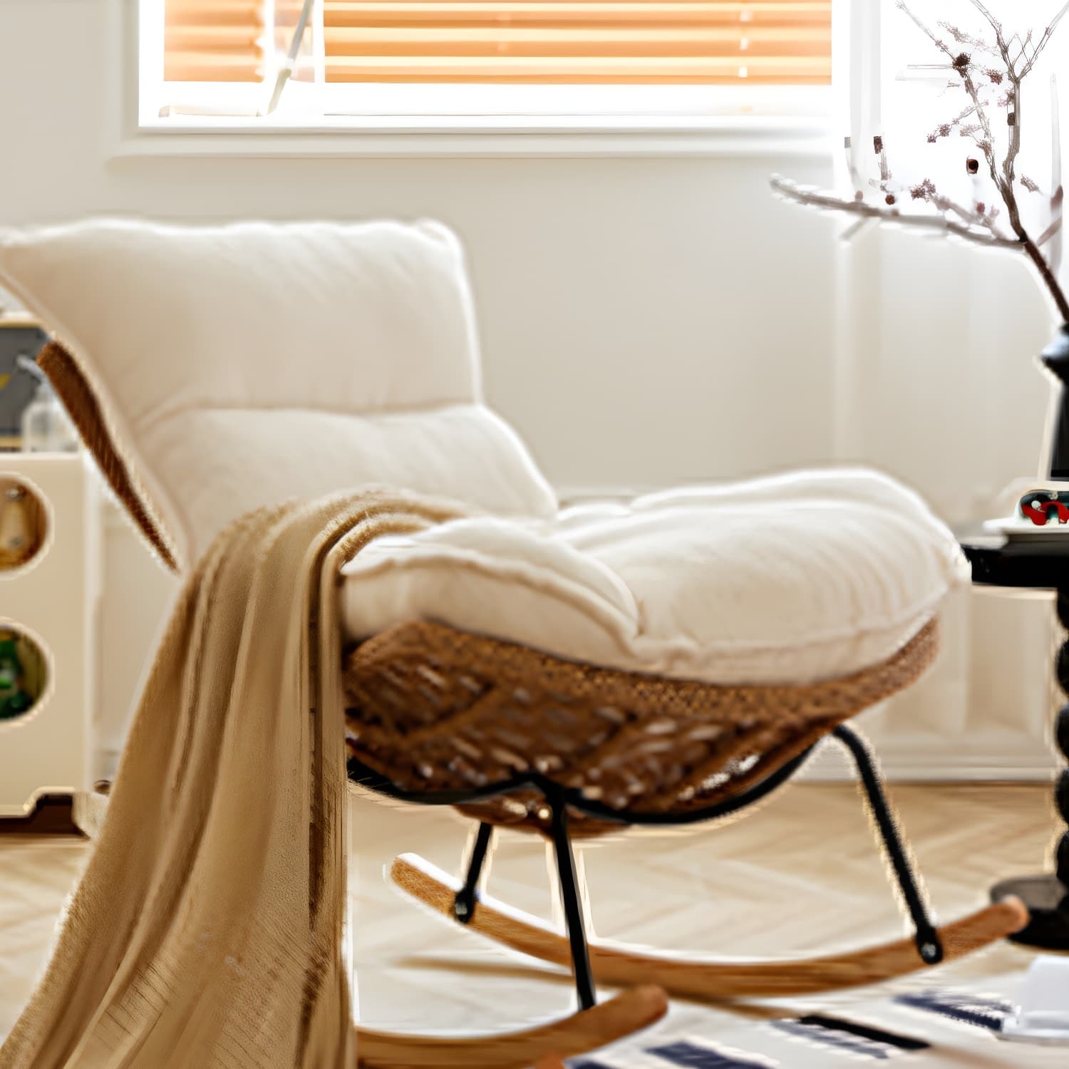 Traditional Armless Design Indoor Rocking Chair with rattan Frame and Nature Wood Legs - image 24