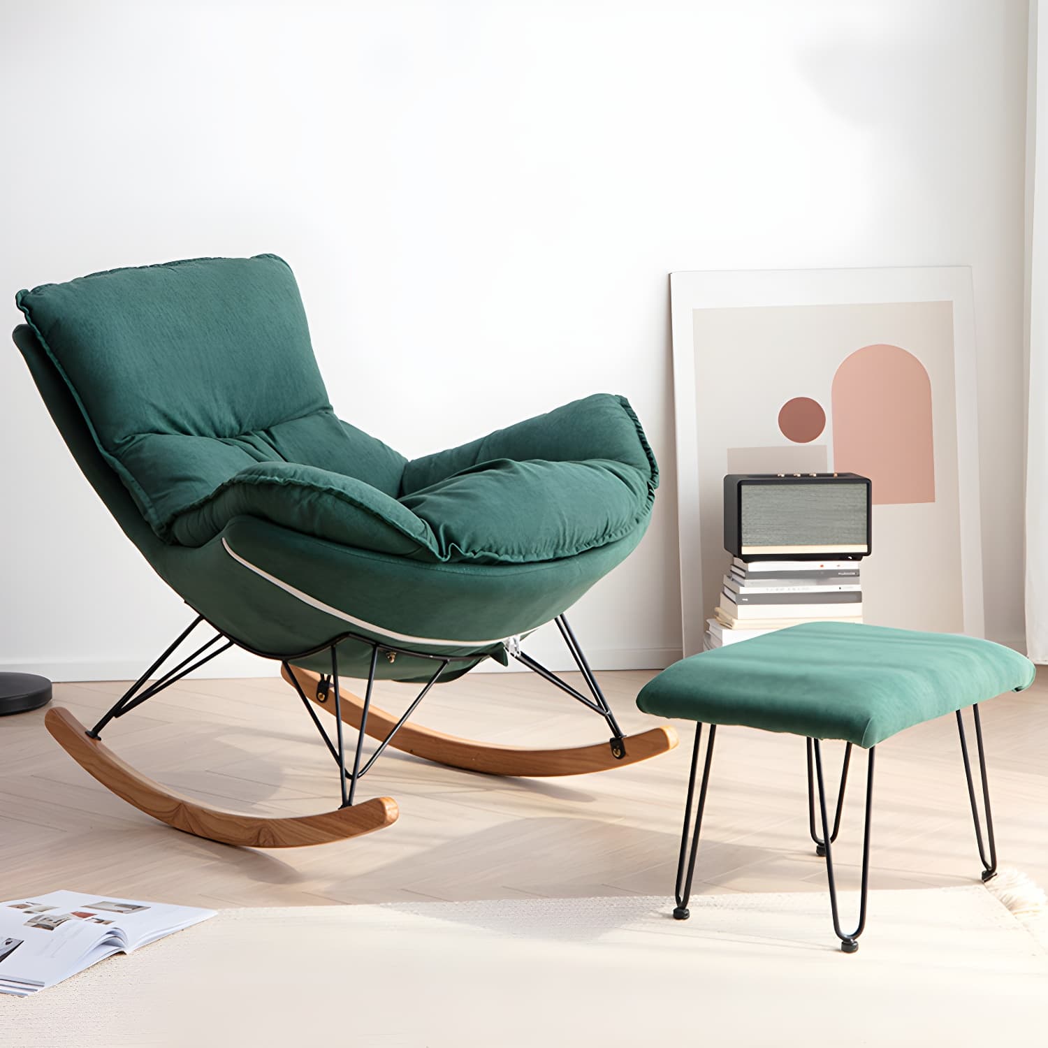 Modern Cushions Rocker Chair Metal Frame Spindle Rocker Chair with Ottoman