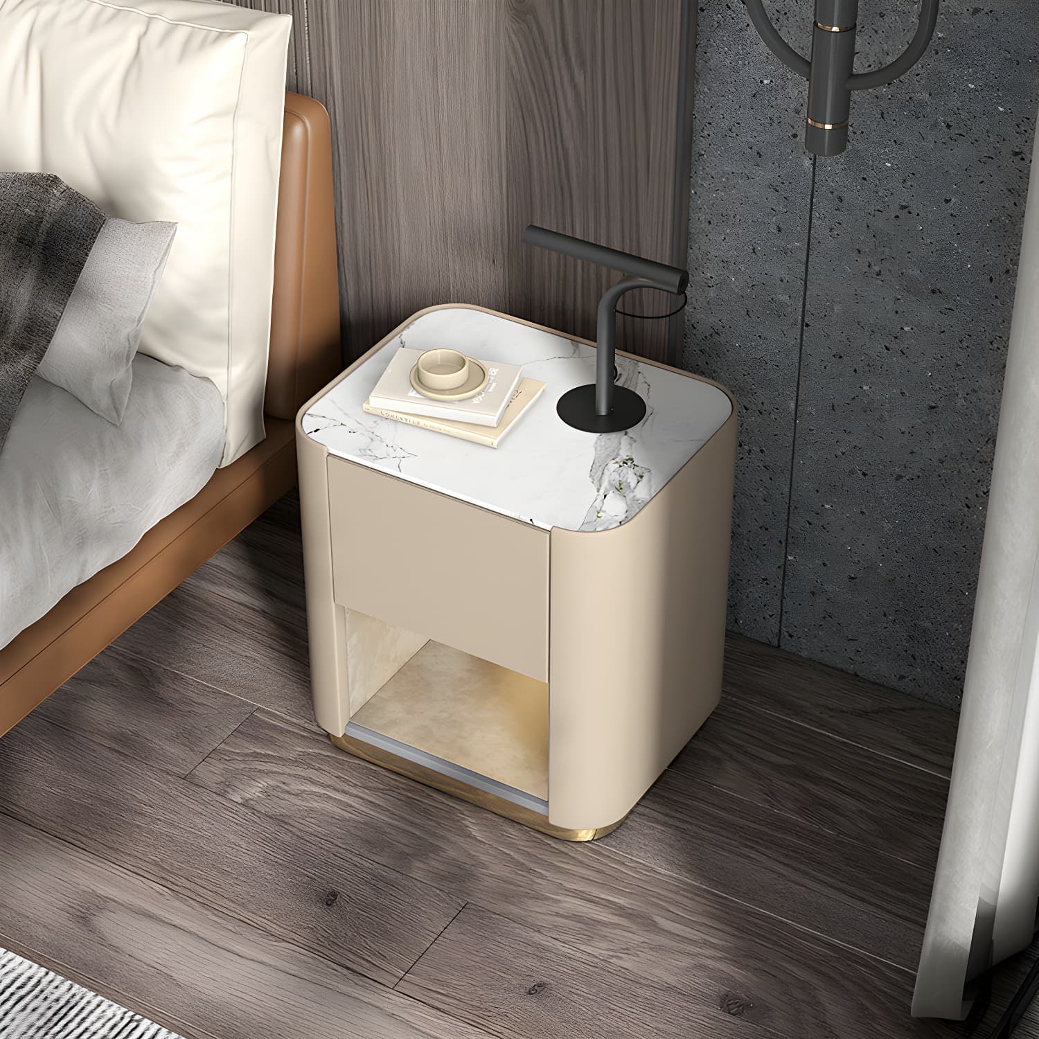 Contemporary Stone Top 1-Drawer, 1 Shelf Nightstand 21.65" Tall Nightstand
