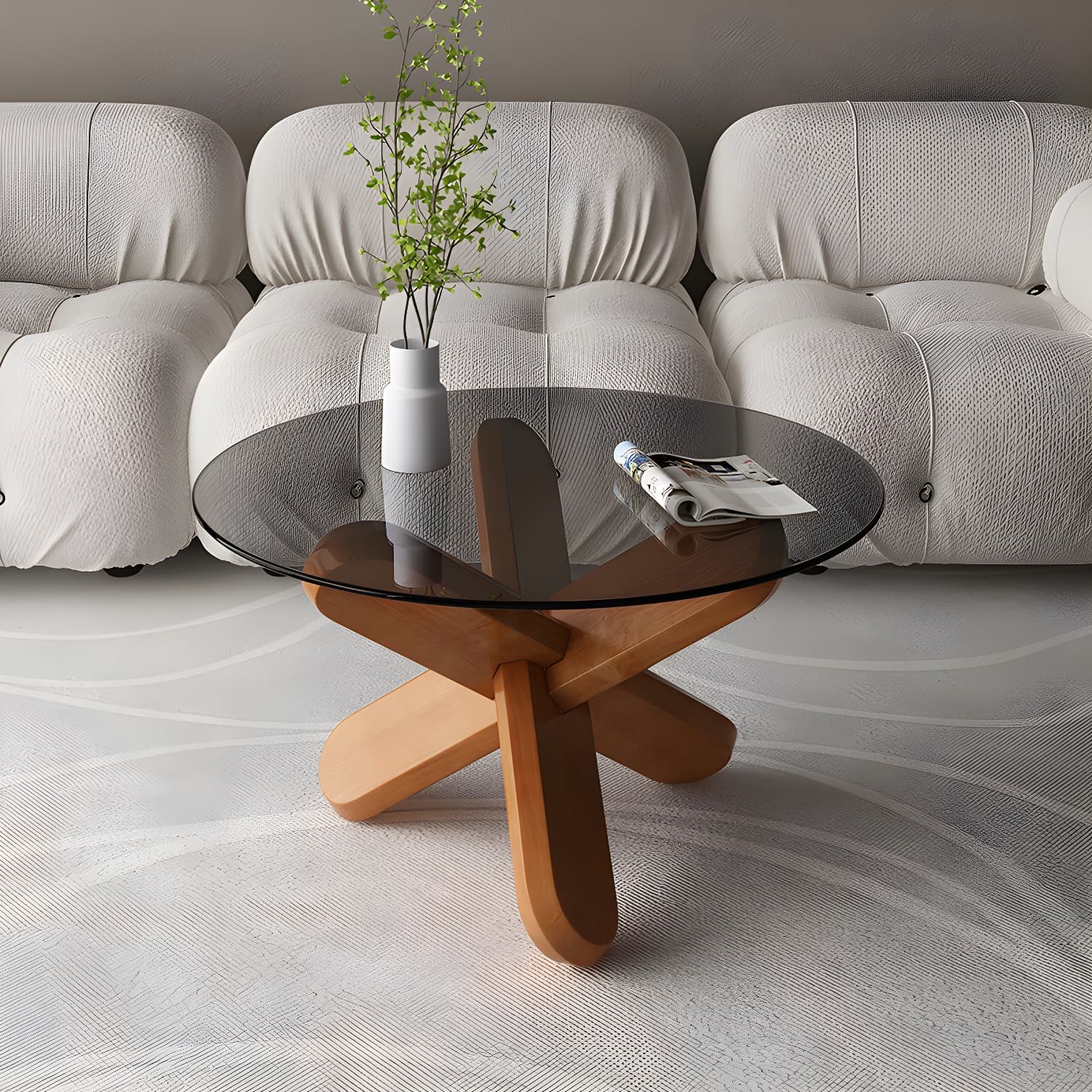 Modern Round Glass Top Coffee Table with Abstract Wooden Leg - image 6