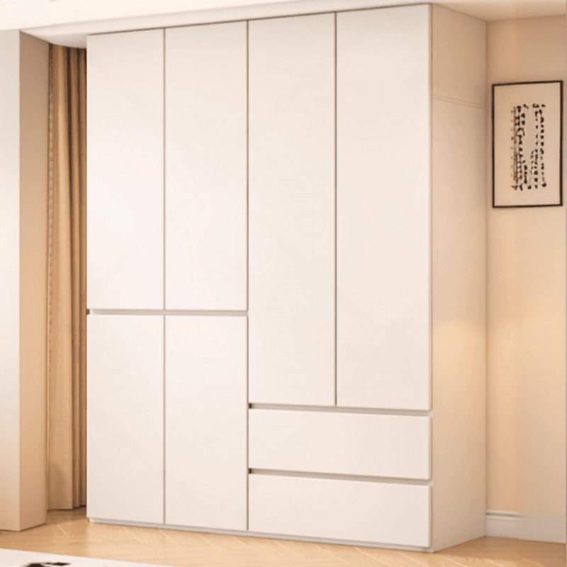 White Minimalist Wooden Independent Wardrobe Closet with 2 Drawers, Soft Close Door, and Interior Shelves