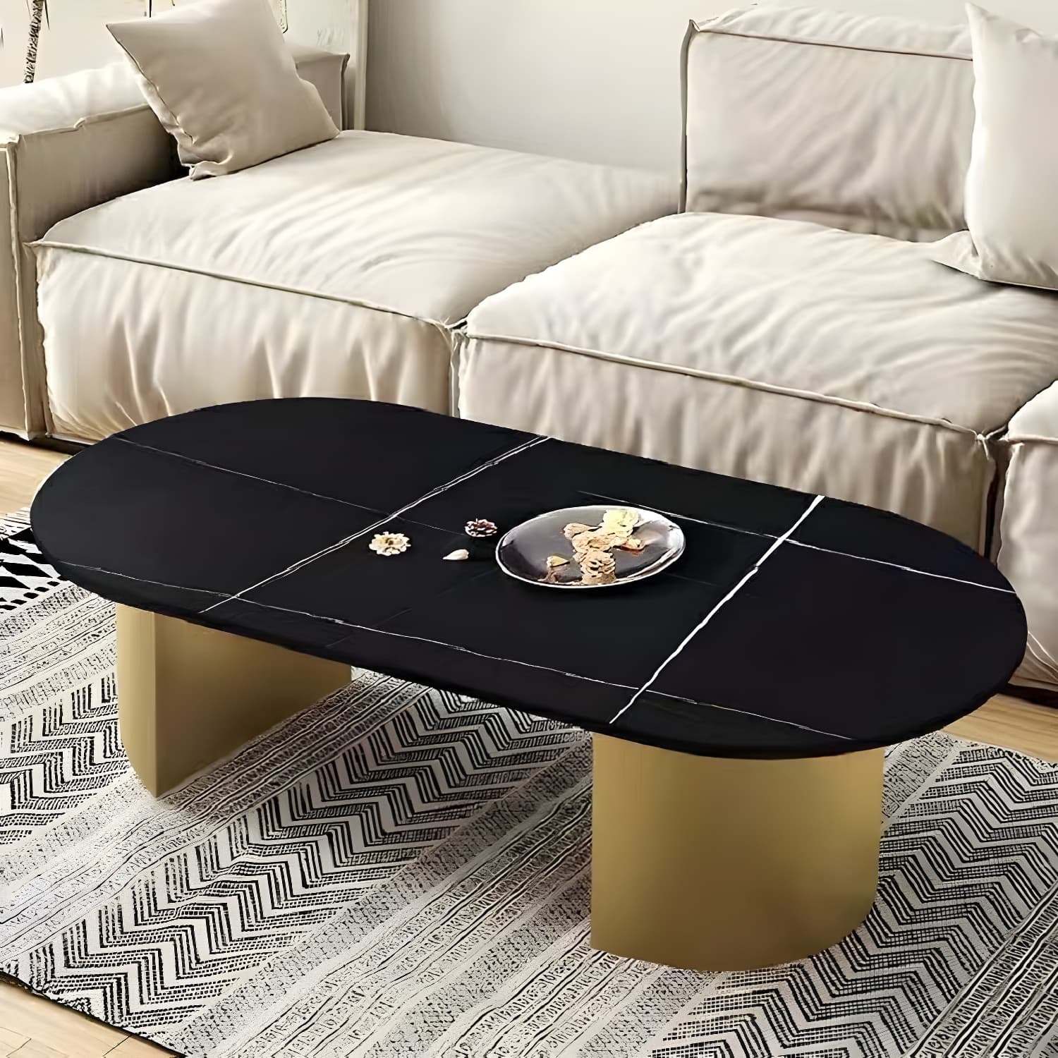 Modern Oval Stone Coffee Table with Double Pedestal Base for Living Room - image 5
