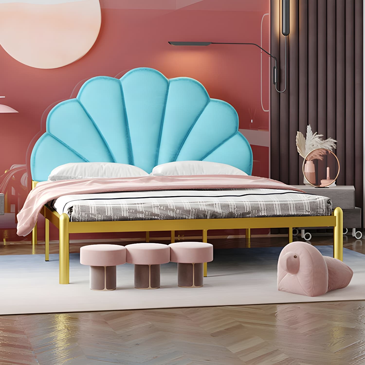 shell Suede Upholstered Headboard ,47 inch High Metal Panel Bed