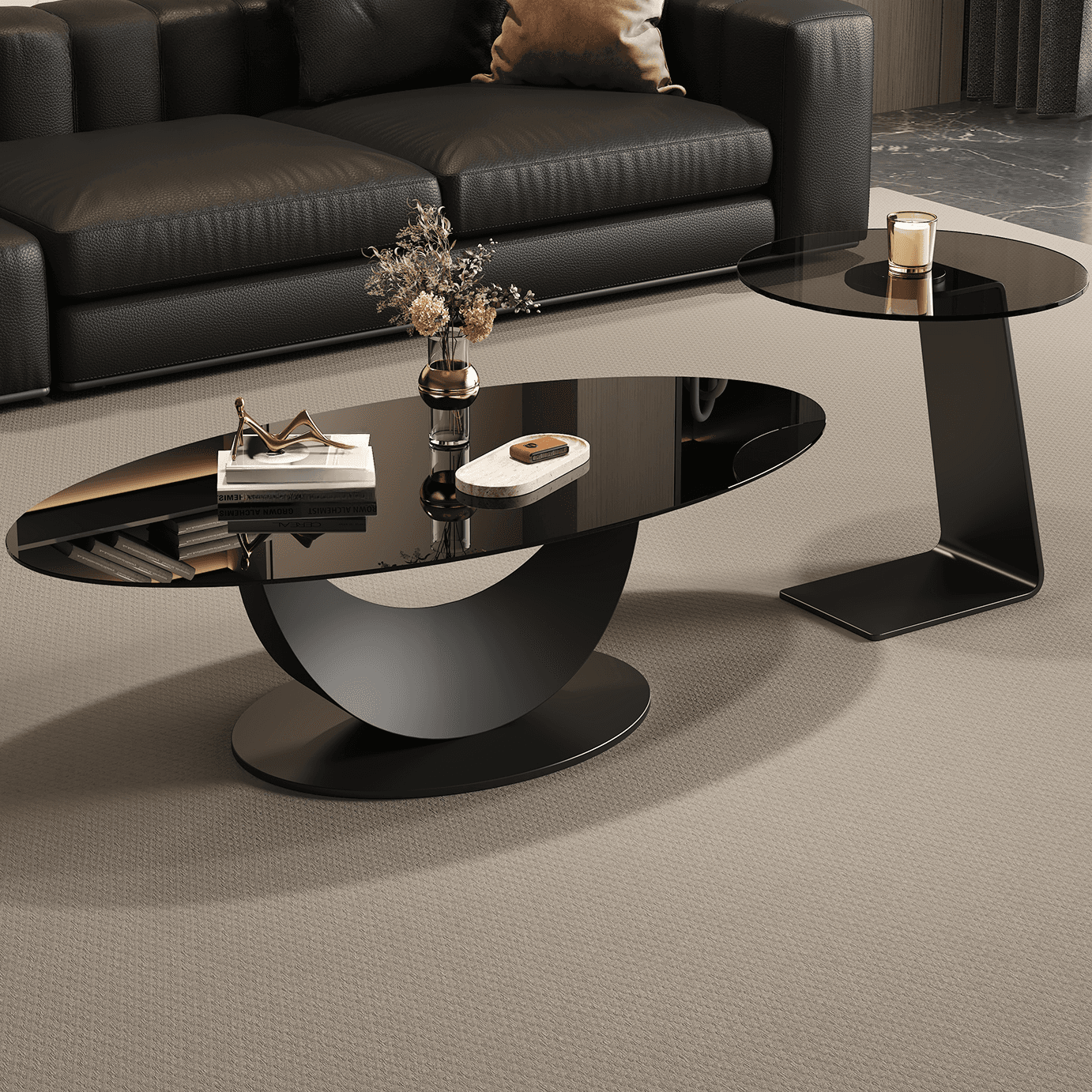 Casual Oblong Tempered Glass Accent Table with Plinth Base, Double Nesting/Single Set - image 4