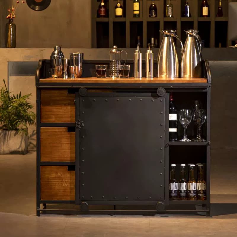Industrial Metal Sideboard Cabinet with Wood Countertop, 3 Drawers, and Sliding Doors