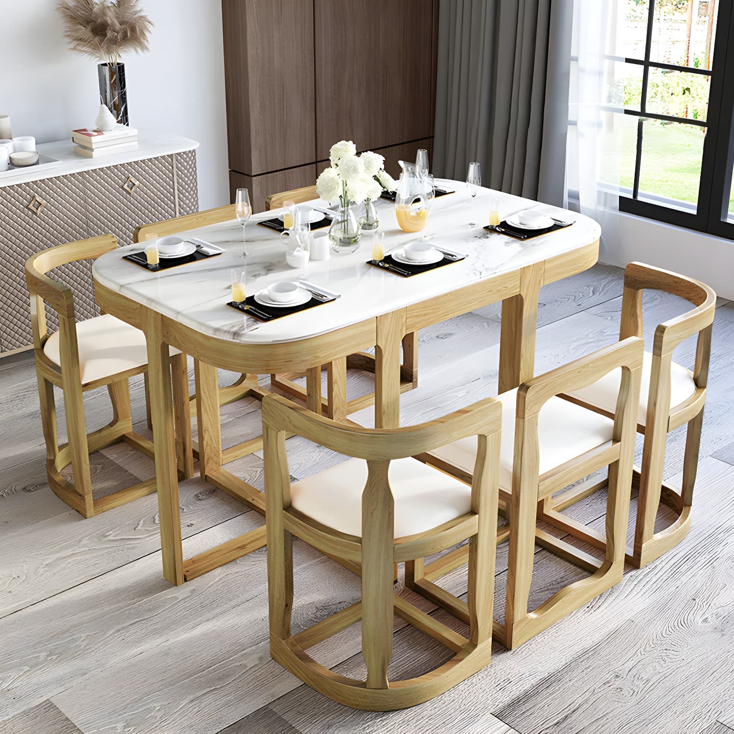 7-Piece Modern Wood Dining Set with Trestle Base and Upholstered Chairs in White - Seats 6 - image 19