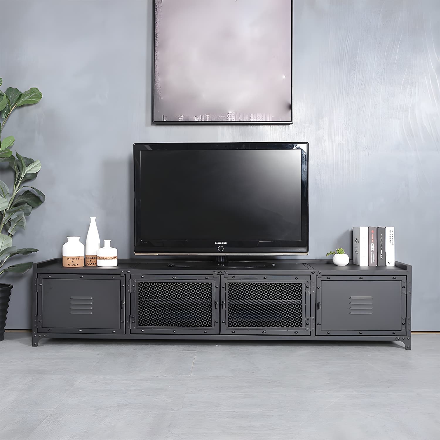 Industrial Style Metal TV Stand Black Colour Enclosed Storage TV Console with Cabinet