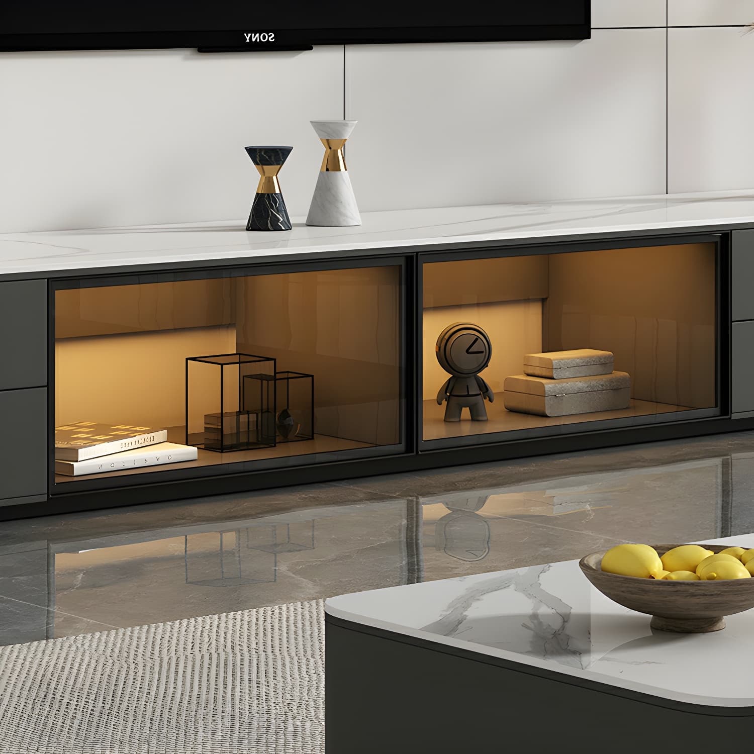 Grey Stone TV Stand with Drawers and Cabinet and No Cable Management for Modern-Style Long TVs - image 6