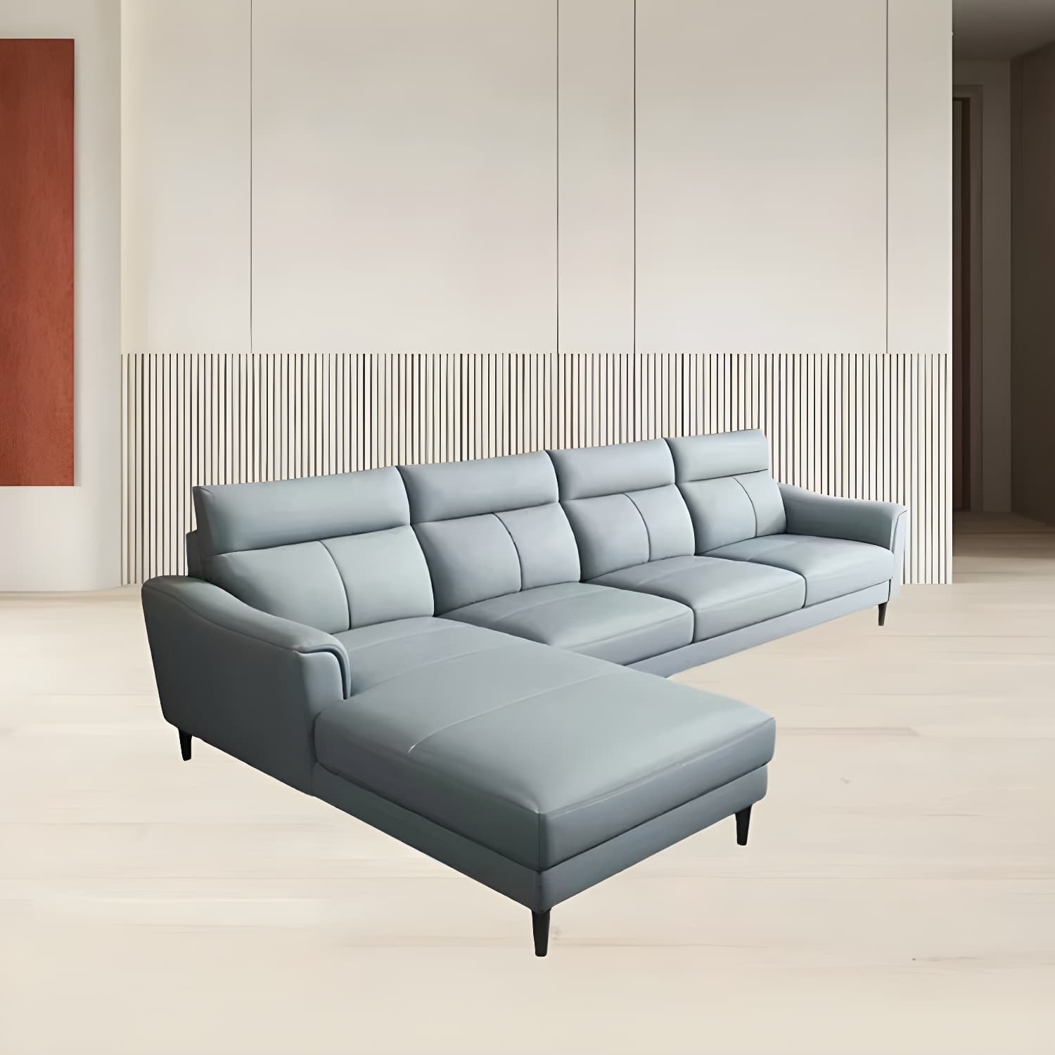 Modern Blue Genuine Leather Sectional Sofa Set with 3 Pieces of Large Size and Pillow Top Arms