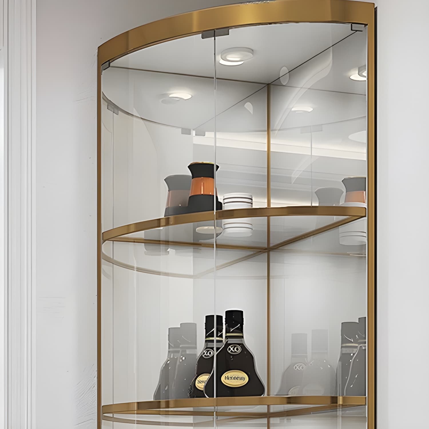 Corner Modern Accent Cabinet with Wood Counter Top, Glass Doors, and Metal Base - image 10