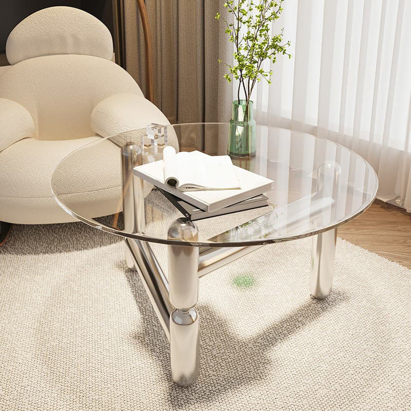 Sleek Silver Stainless Steel Coffee Table with Tempered Glass Top - image 3
