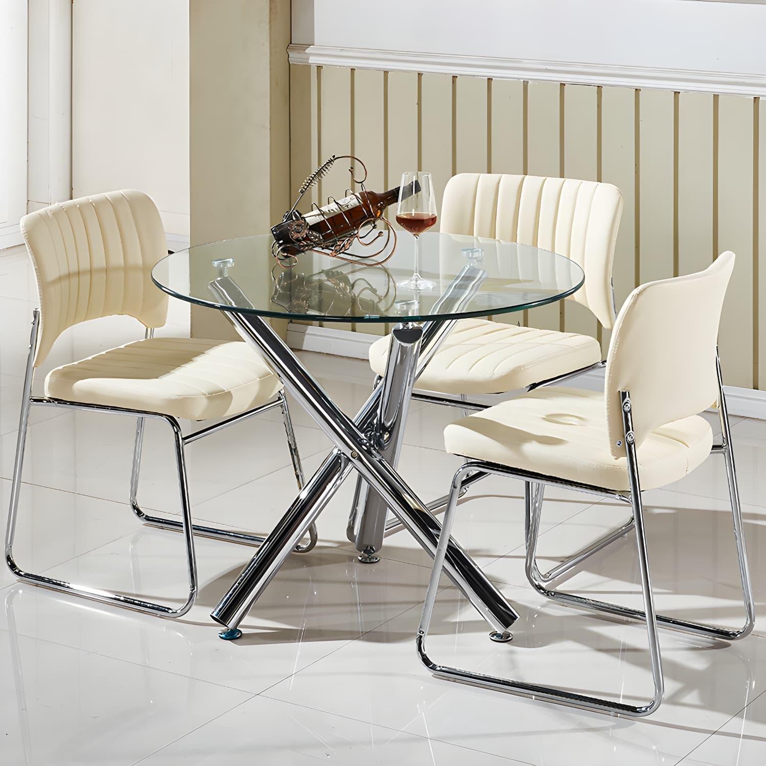 Modern Glass Round Dining Set with Three-Leg Metal Base - Clear, 36-inch Table - image 6