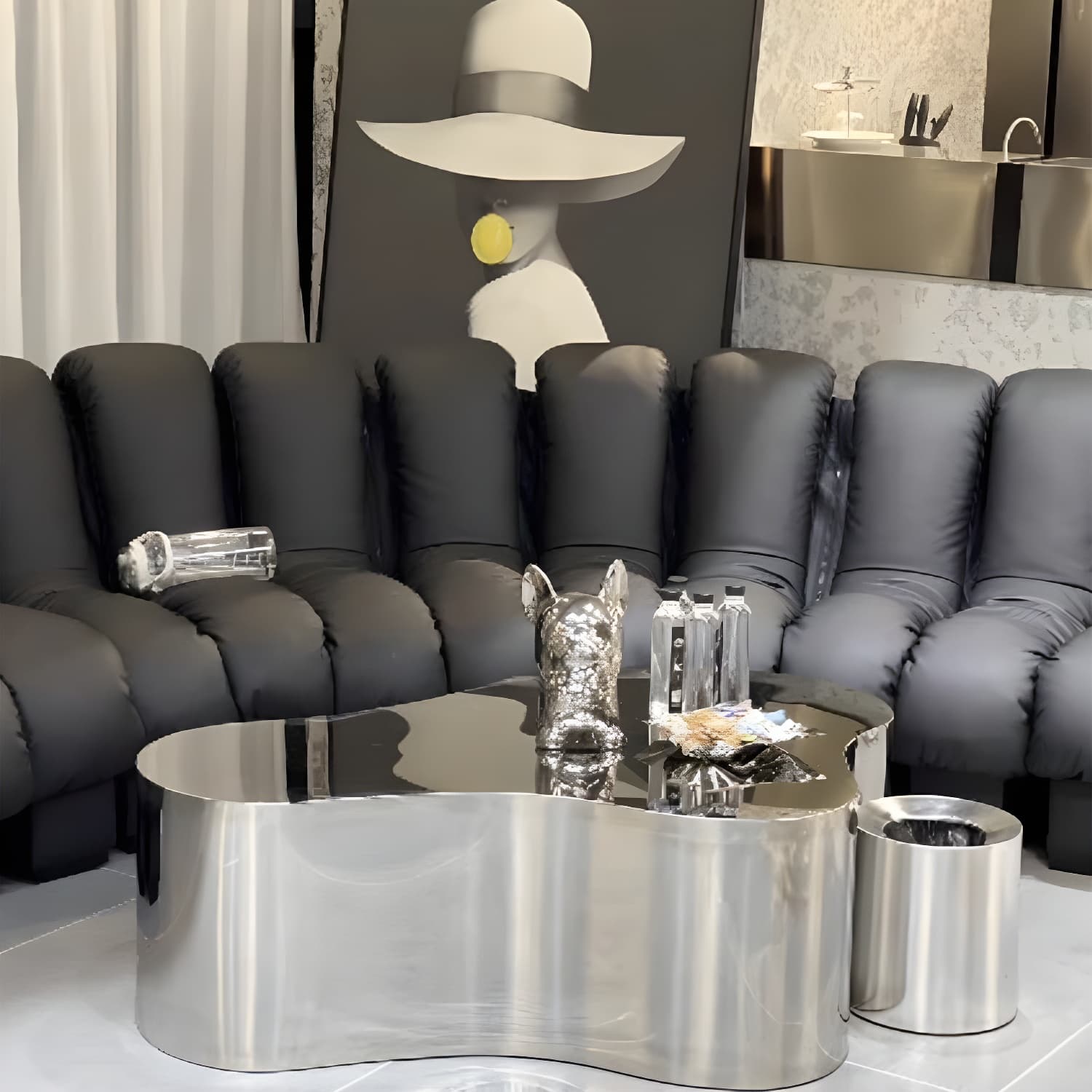 Silver Modern Coffee Table with Free Form Metal Top and Abstract Stainless Steel Base - image 5