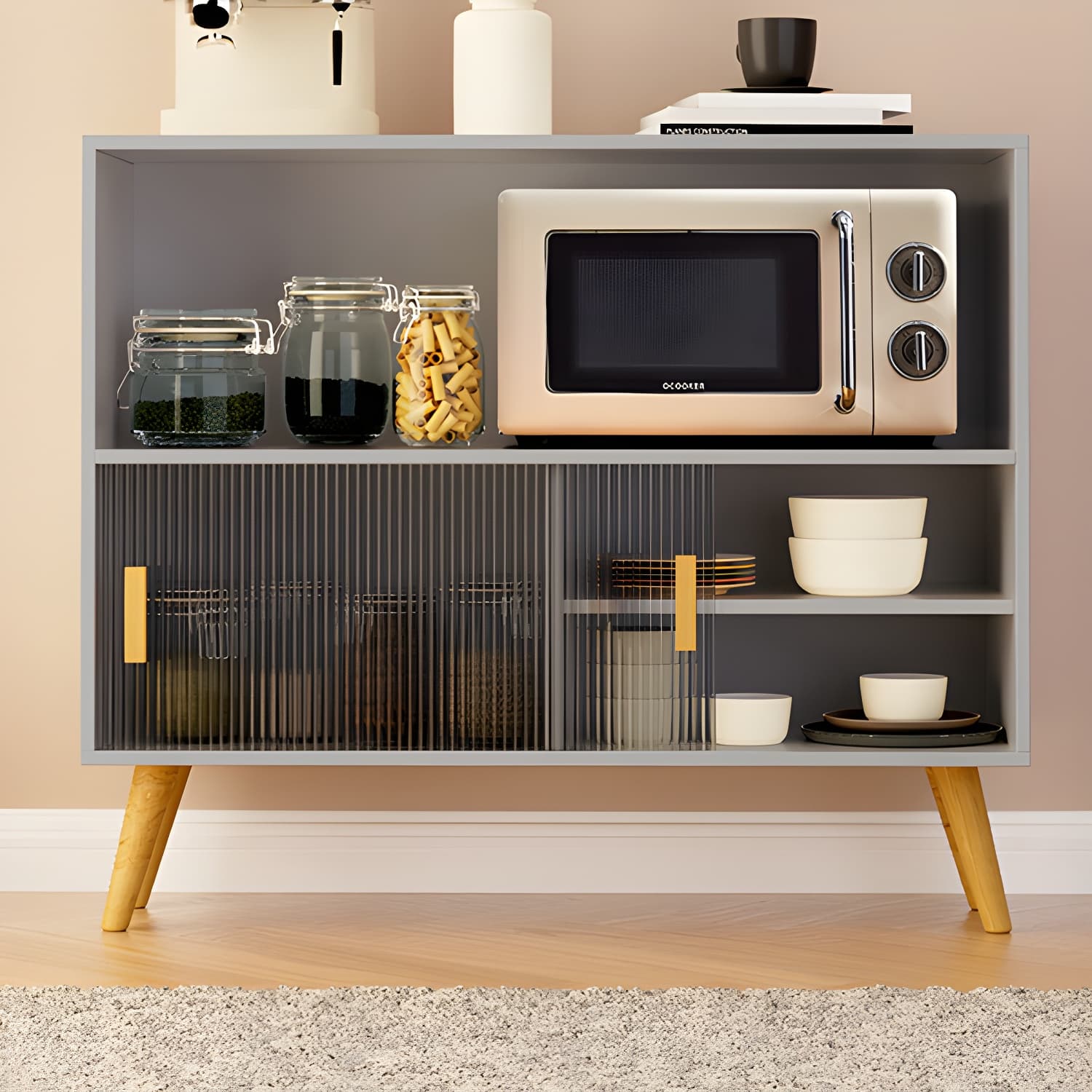 Scandinavian Wood Buffet Table with Acrylic Sliding Doors and Cabinet