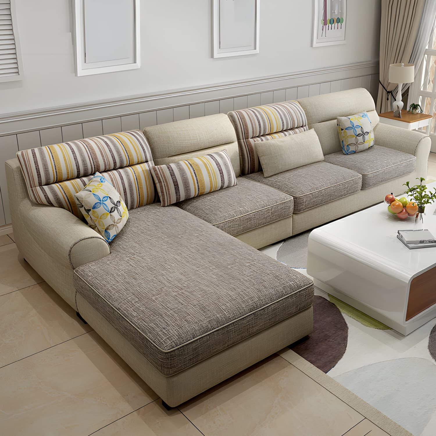 Large Modern L-Shape Stationary Wood Sectional Sofa with Round Arm and Cushion Back - image 14