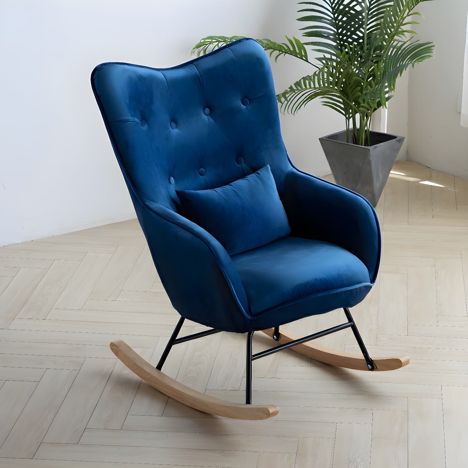 Stylish Modern Upholstered Rocking Chair with Natural Wood Legs and Tufted Back Cushion