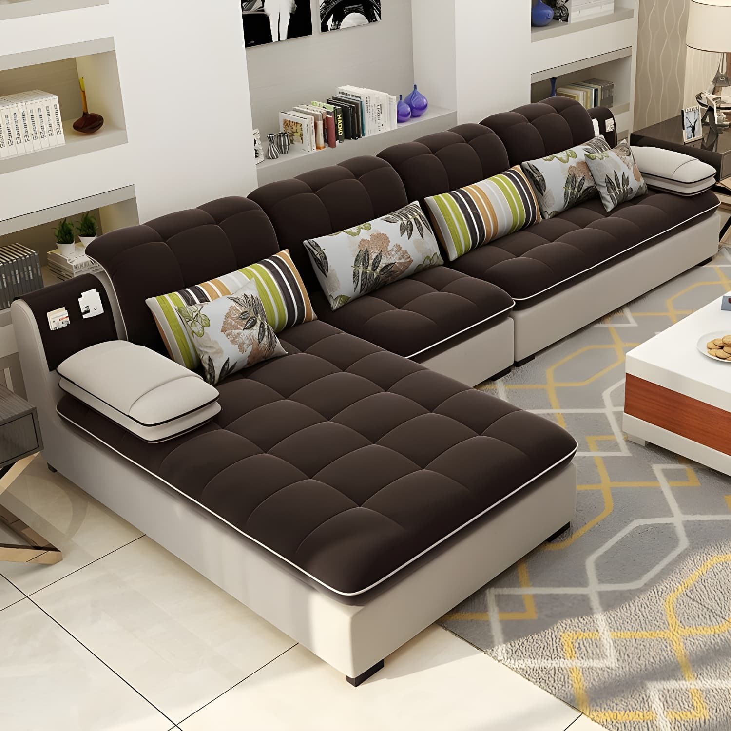 Modern Wood Frame L-Shaped Stationary Sofa Chaise with Adjustable Headrest and Storage Included