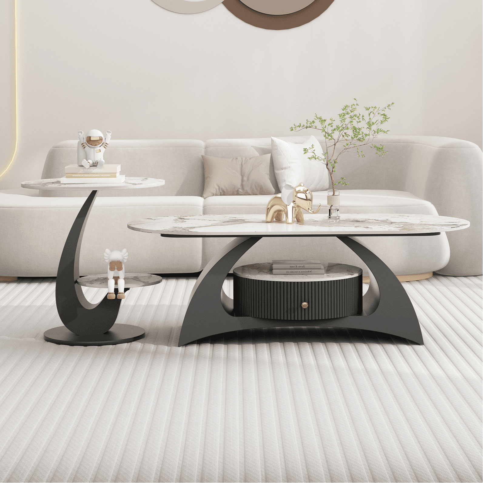 Mission Style Single/Bunching Slate Top Abstract Base White Oval Board Game Coffee Table with 1 Drawer - image 4
