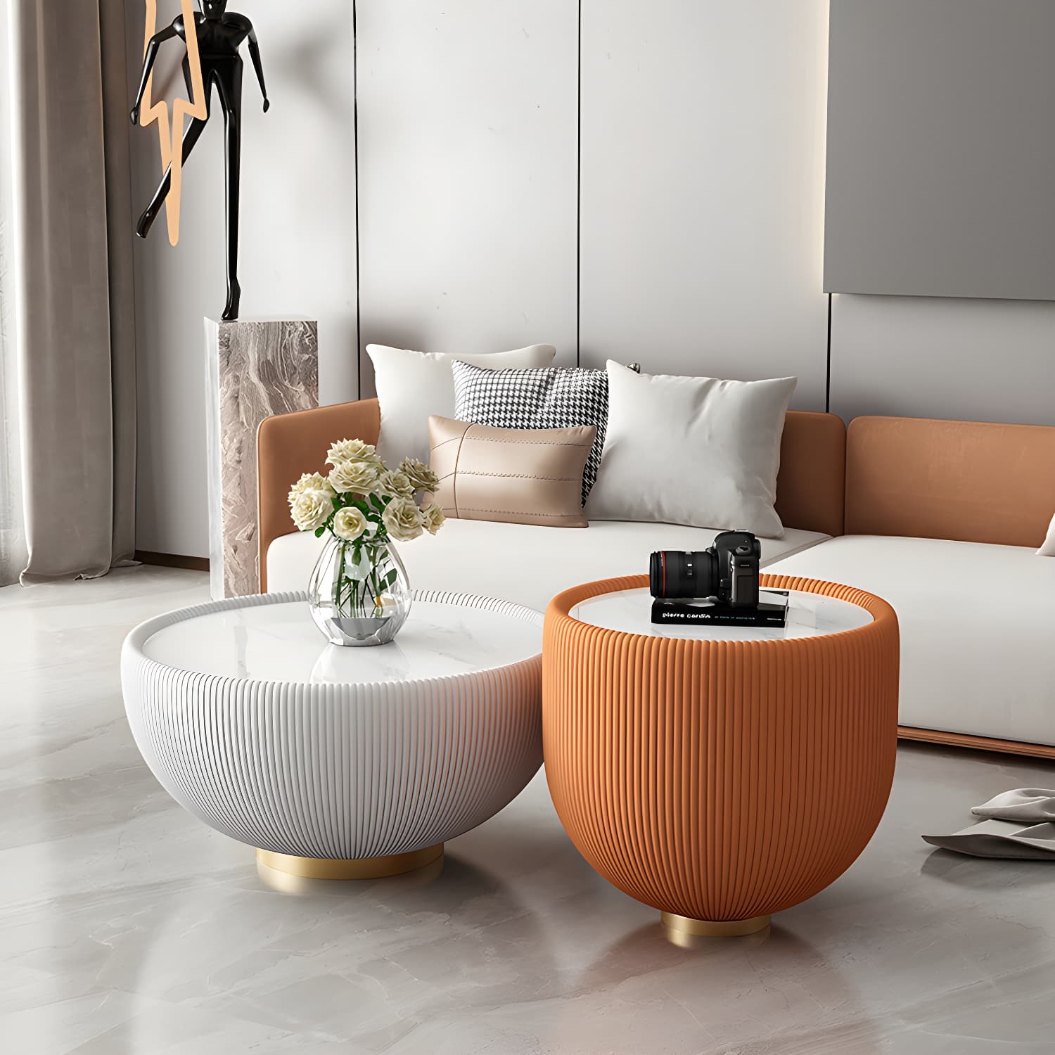 Square Block Base Cocktail Table Rock Plate Desktop Round Coffee Table with Metal Base - image 18