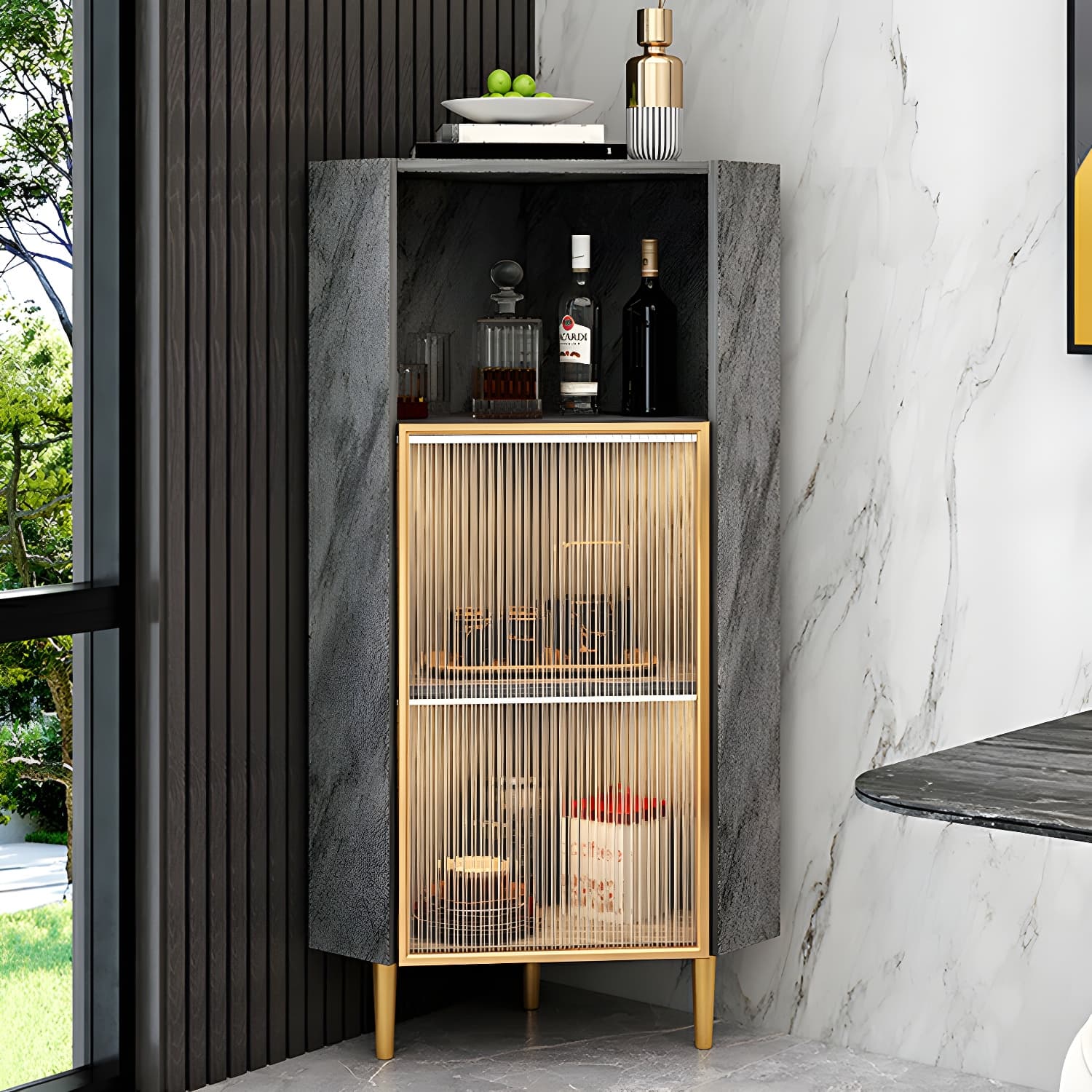 Glam Golden Corner Cabinet with Glass Doors and Exterior Shelving