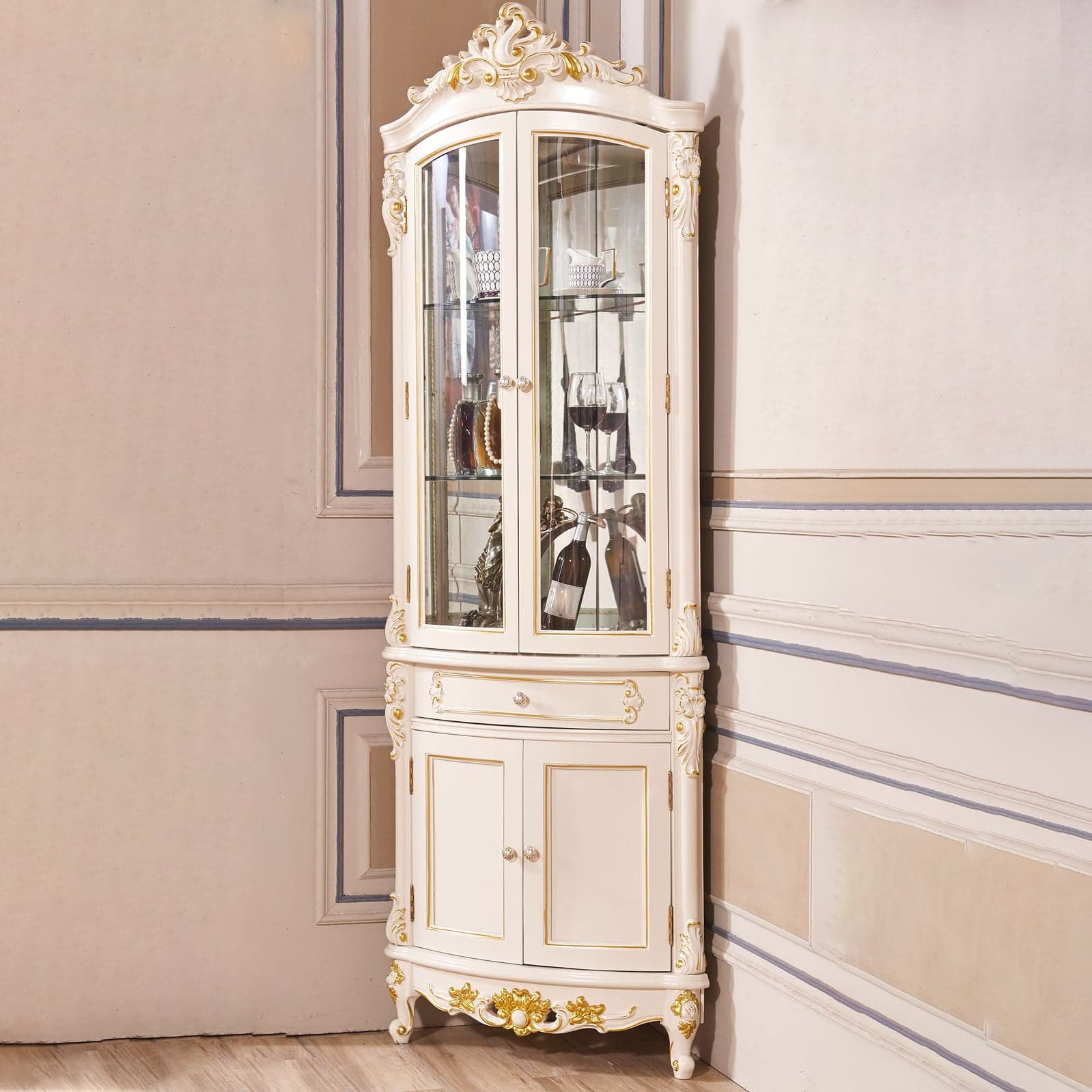 Victorian Solid Wood Triangle Accent Cabinet Glass Paned Cabriole Legs - image 3