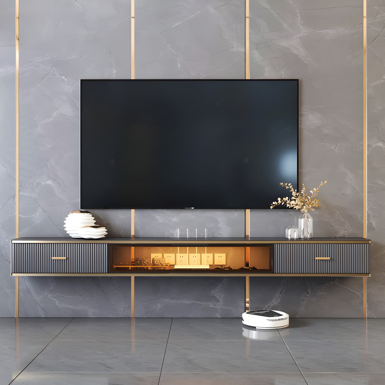 Glam Stone Wall-mounted TV Stand 2 Drawers and 1-Door TV Cabinet - image 4