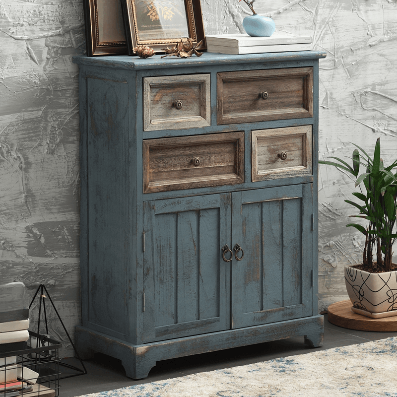 Industrial Detached Utility Cabinet with Distressed Wood and 4 Drawers Featuring Loop Pulls - image 4