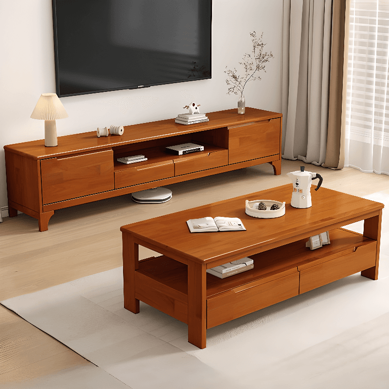 Modish Pine Wood TV Stand with Shelf, 2 Drawers, 2 Cabinets, and Unenclosed Storage - image 4