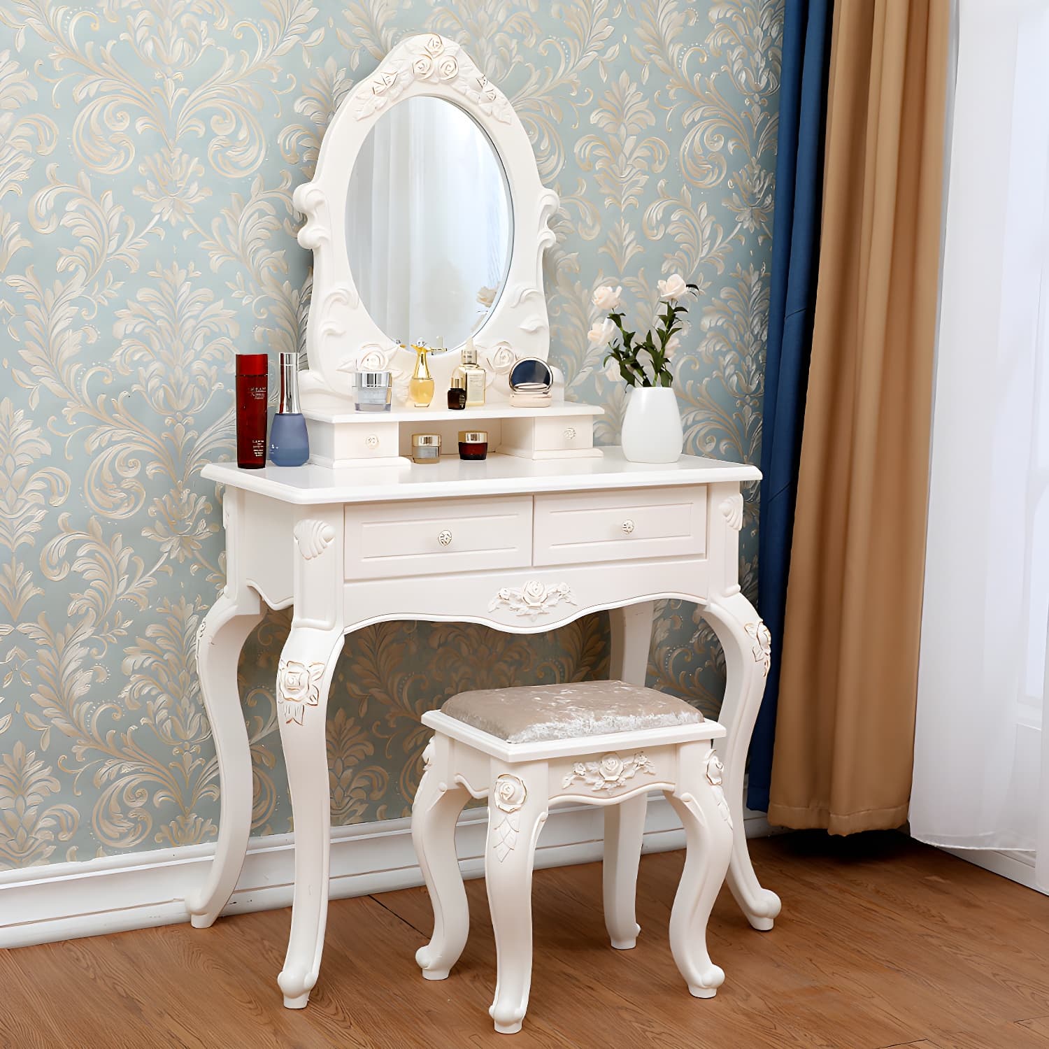 Victorian Bedroom With Drawer Mirror Solid Wood Makeup Vanity Set - image 3