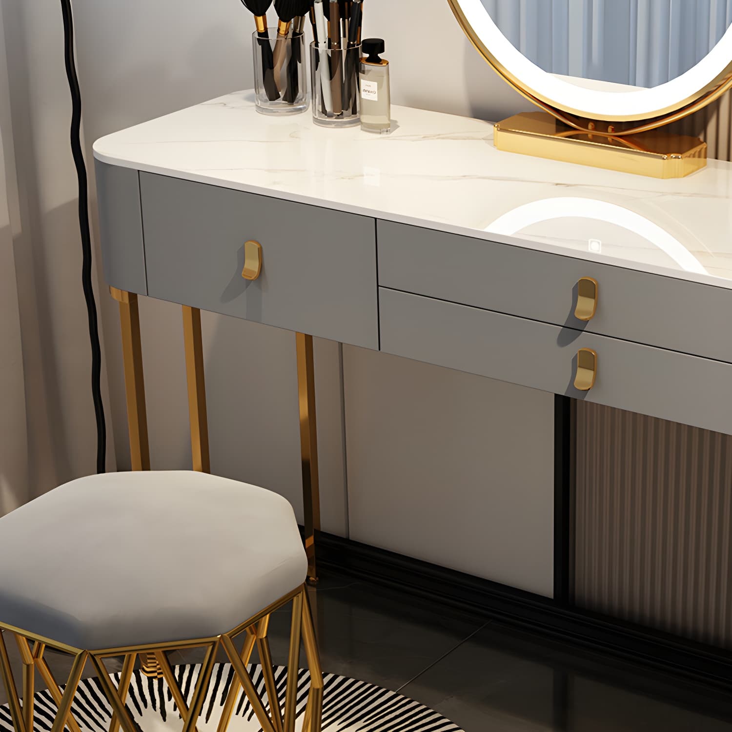 Contemporary Make-up Vanity with Stone Top and Storage Drawers - image 11