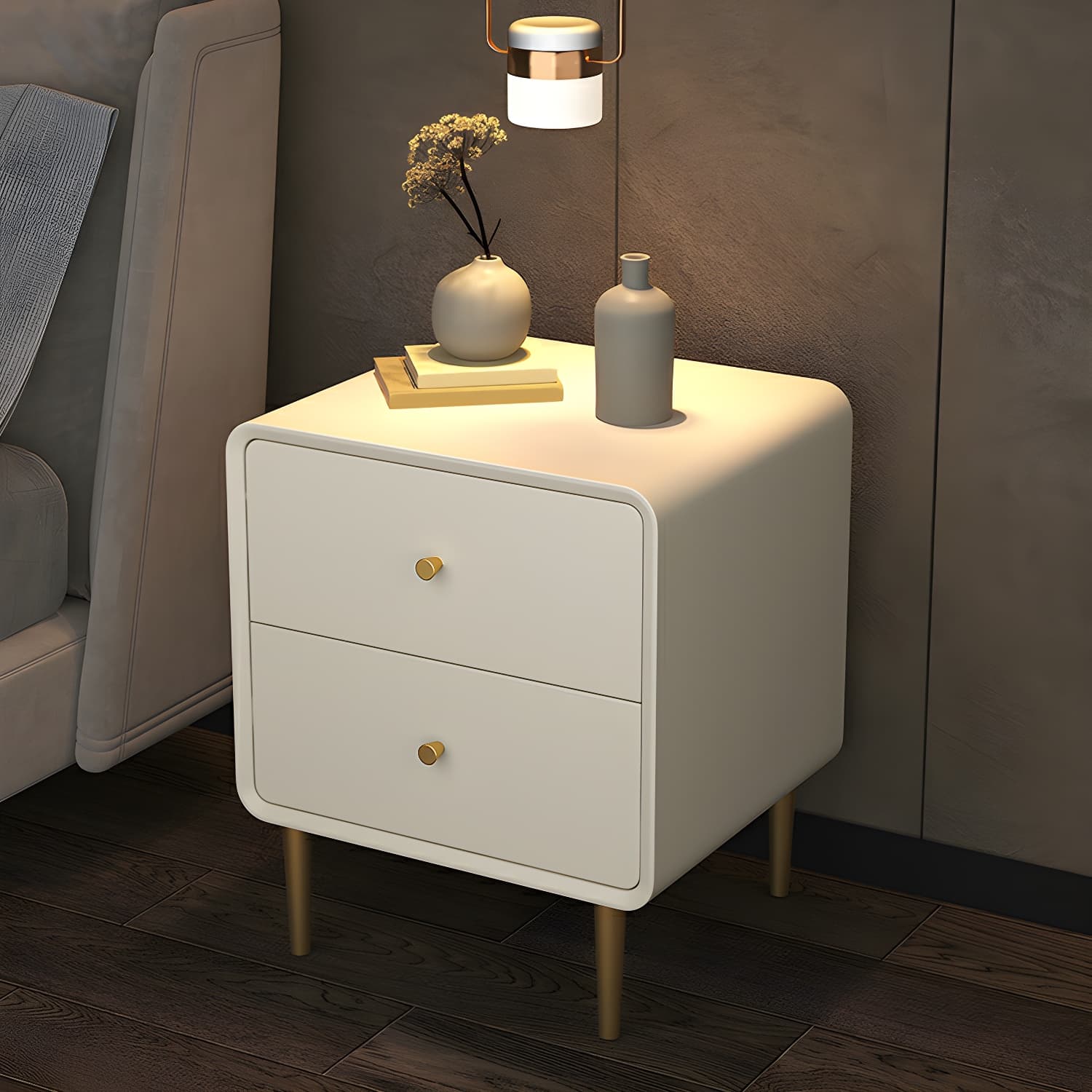 Glam Pine Wood Nightstand with Leather Countertop and 2 Drawers - Small Size - image 12