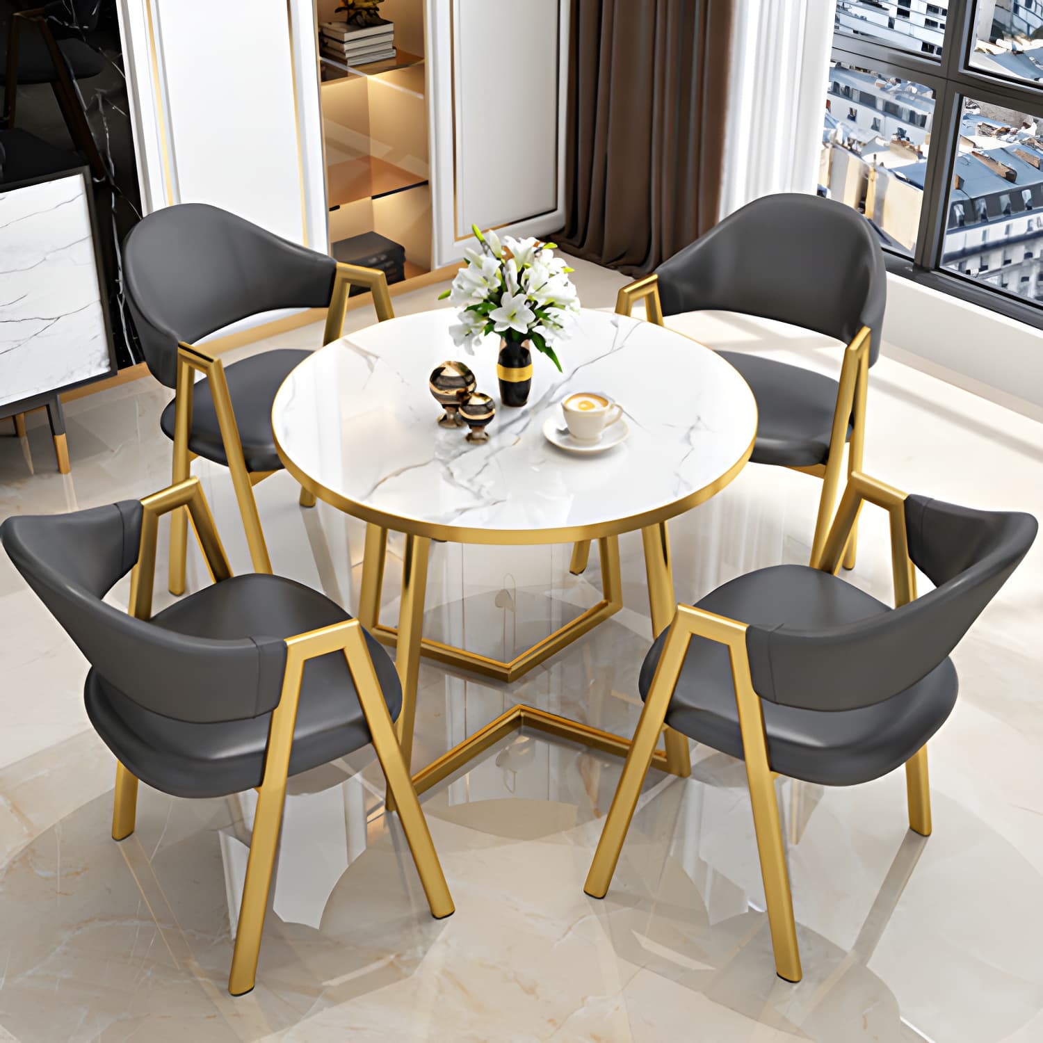 Round Standard Laminated Faux Marble Dining Set with Gold Metallic Legs for Dining Furniture