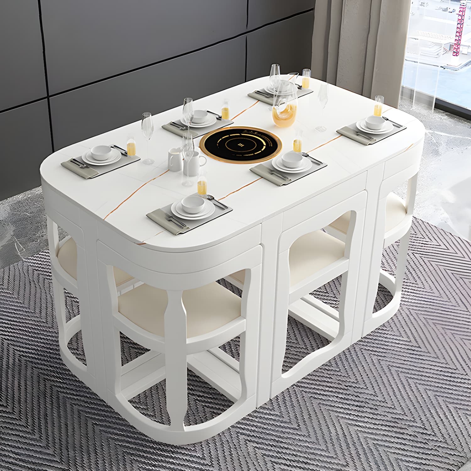 7-Piece Modern Wood Dining Set with Trestle Base and Upholstered Chairs in White - Seats 6 - image 22