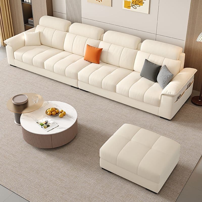 Straight Scratch-repellent Sofa with Side Pocket and Horizontal Flared Arm, Includes 1 Ottoman