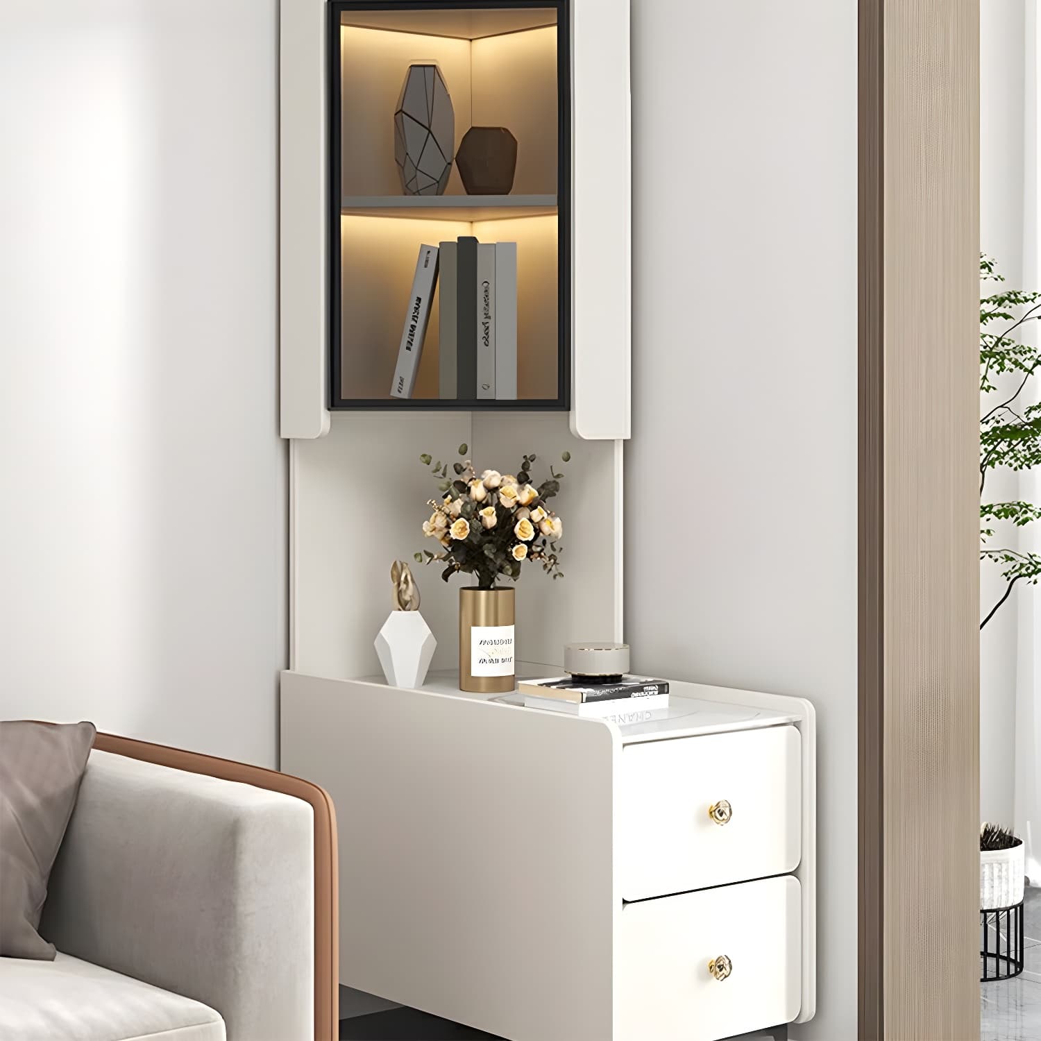 Elegant Corner Accent Cabinet with Glass Doors and Black Metal Base - image 10