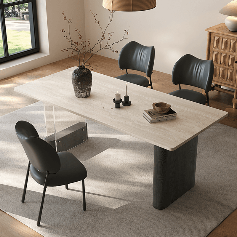 Dining Table Set with Rectangular Slate Stone Top and Two-sided Pedestal, Featuring Padded Chair with Back, 5-piece in Ivory