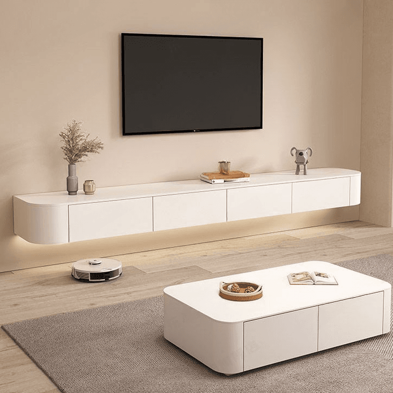 White Wall Hung Art Deco TV Stand with 2 Drawers, 2 Cabinets, and Cable Management