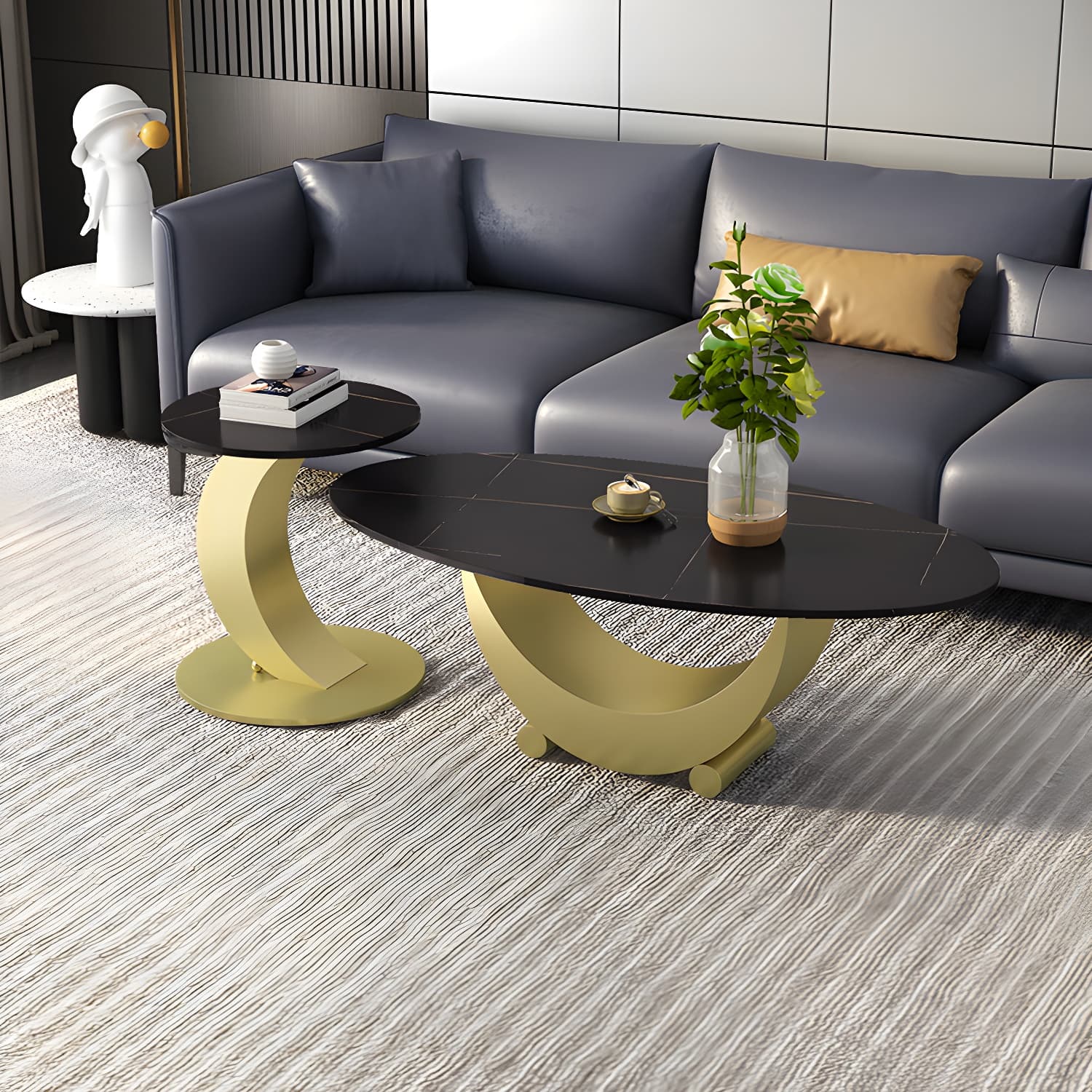 2 Piece Nesting Tables Oval Minimalist Modern Coffee Table Set - image 5