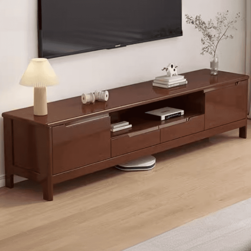 Modish Pine Wood TV Stand with Shelf, 2 Drawers, 2 Cabinets, and Unenclosed Storage - image 3