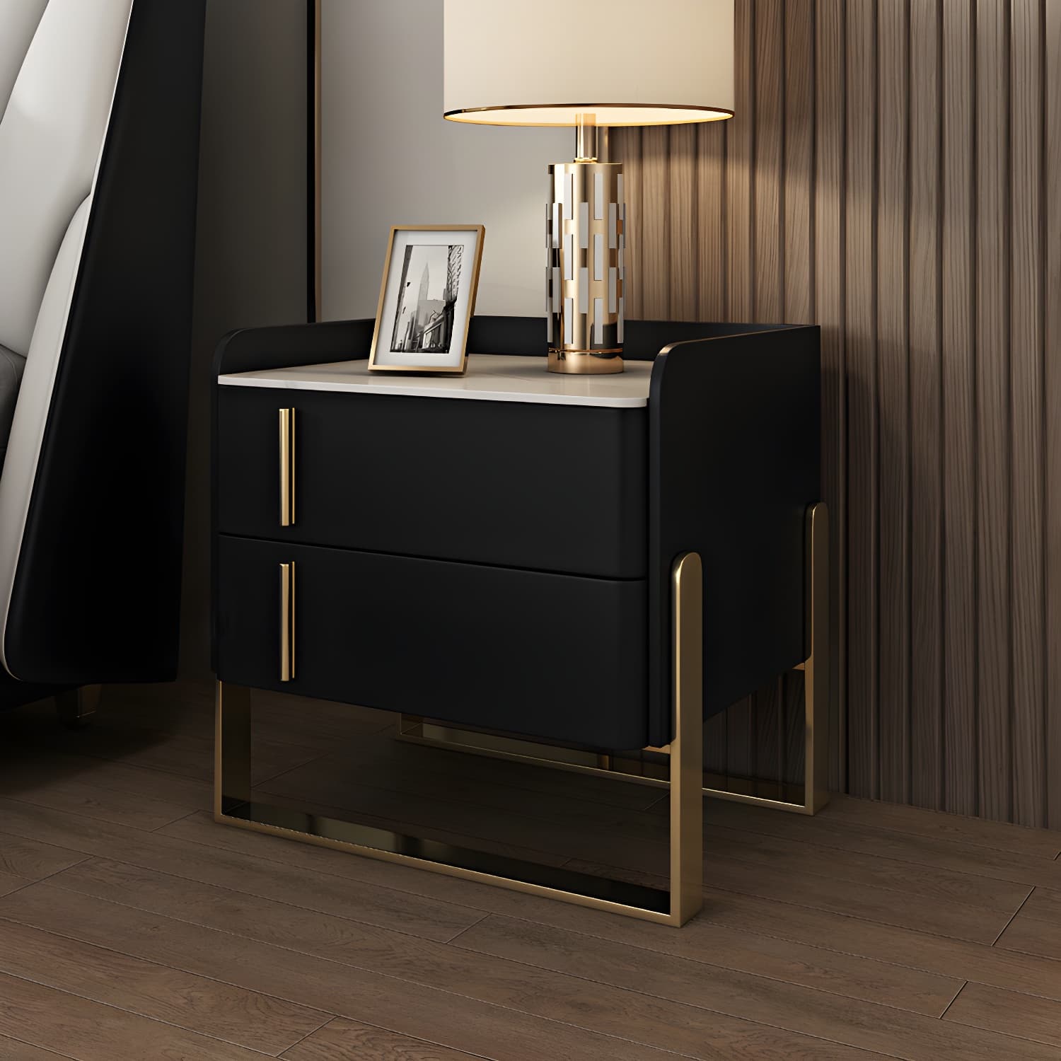 Glam Nightstand with 2 Drawer 20-inch Tall Leather Night Table