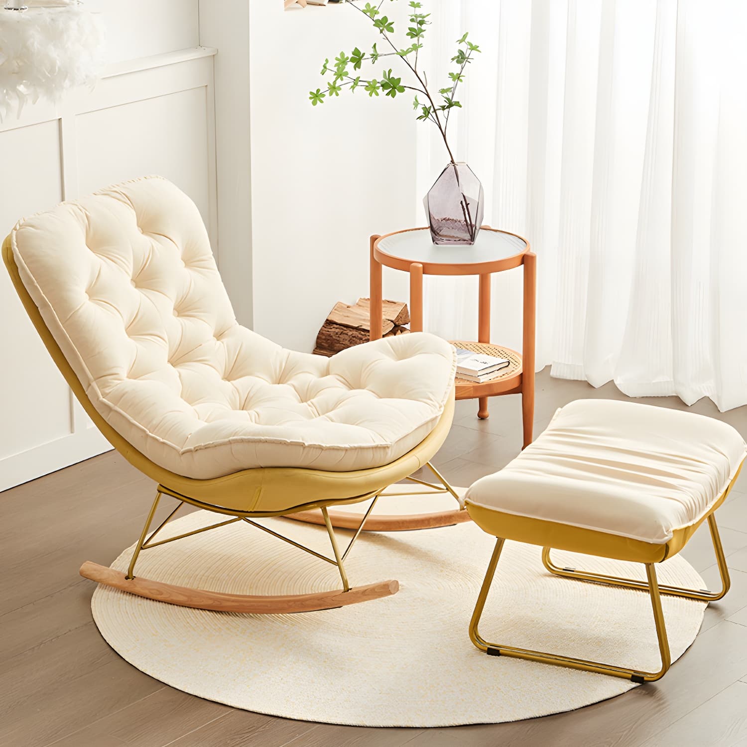 Tufted Rocking Accent Chair Contemporary Solid Wood with Removable Cushions - image 8